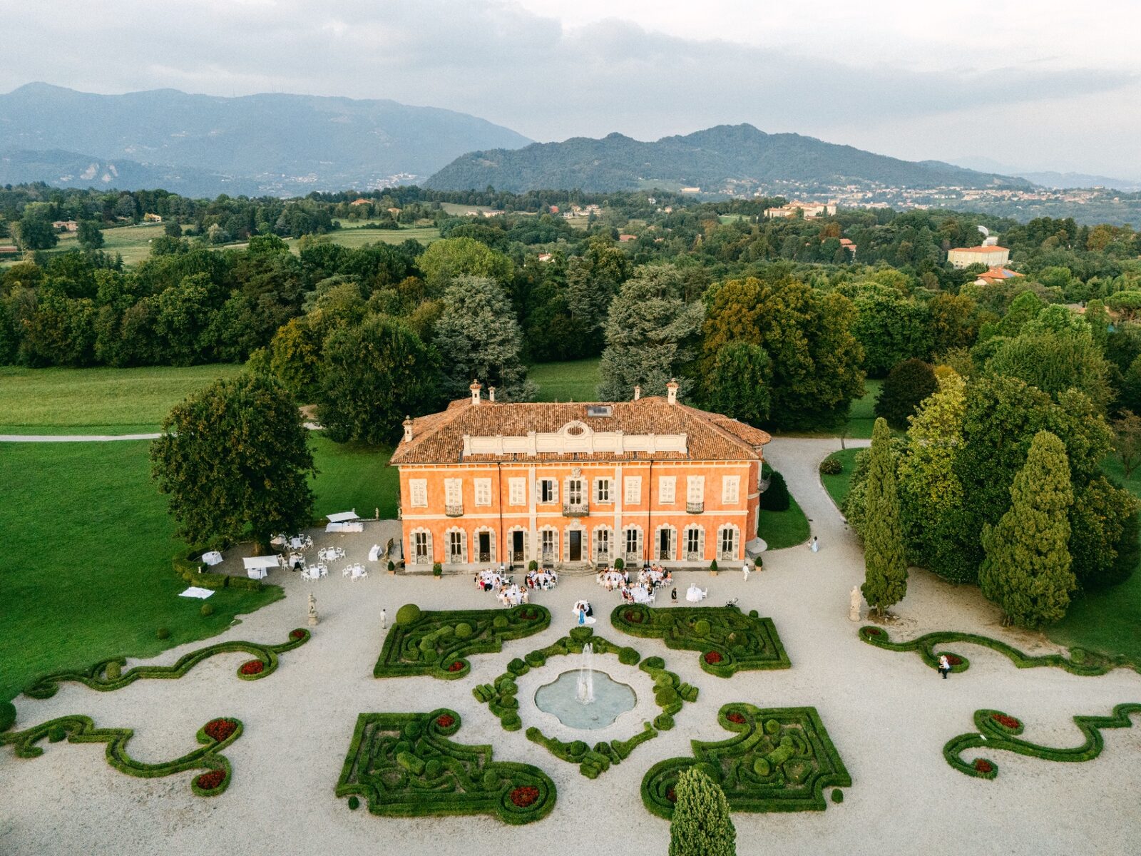Aerial view of an Italian villa with formal gardens